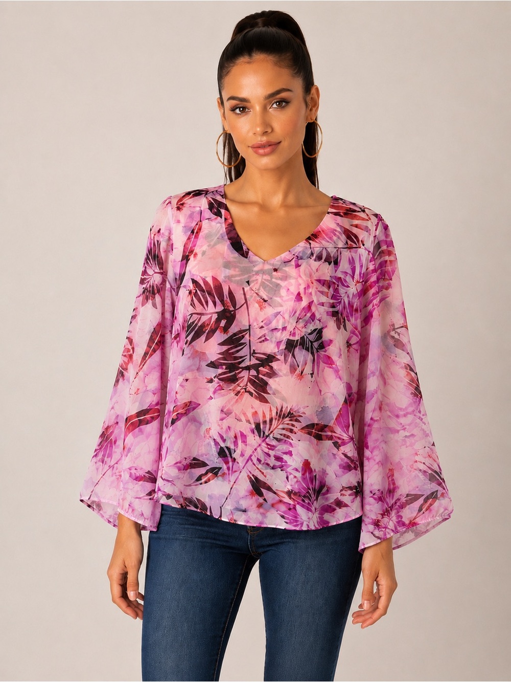 Jennifer Lopez Pink Floral V-Neck Long Sleeve Blouse